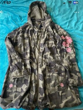 Judy Blue Olive Camo Hooded Jacket with Pink Rose Embroidery